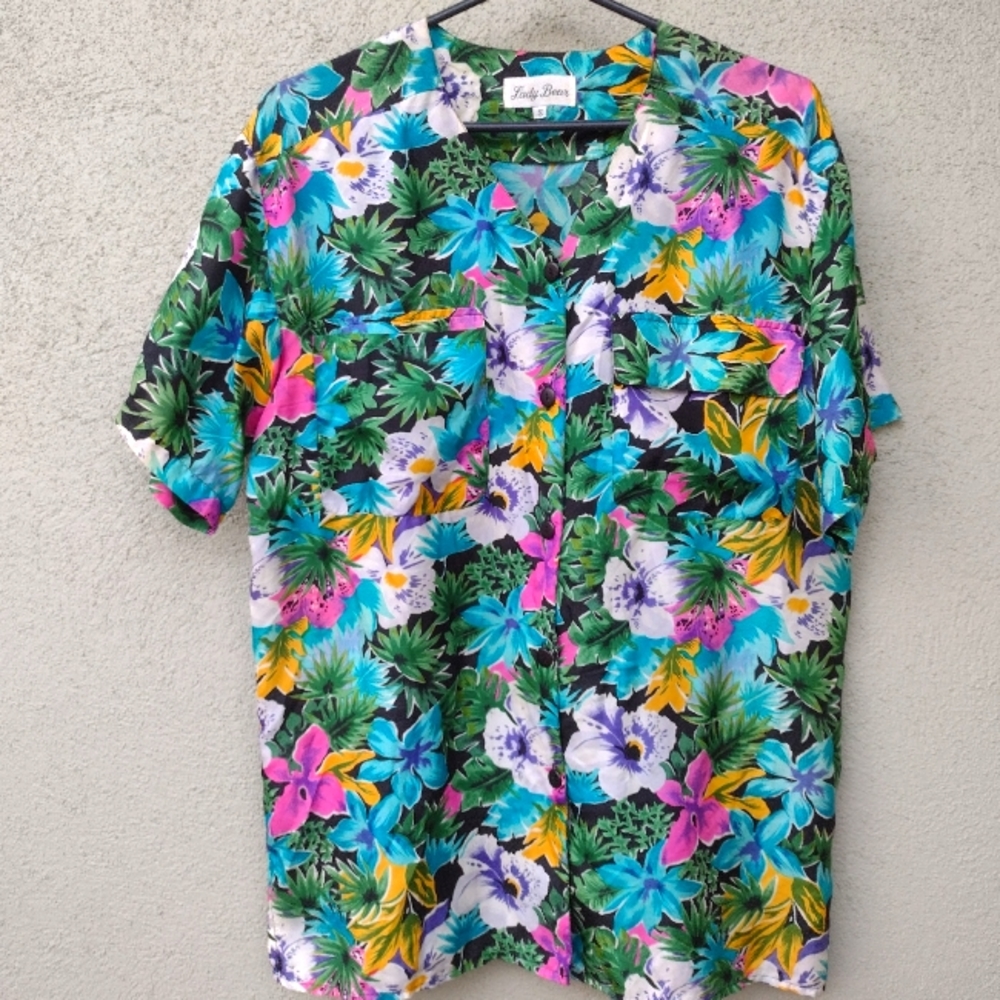 Vintage Lady Bear Floral Silk Top - S